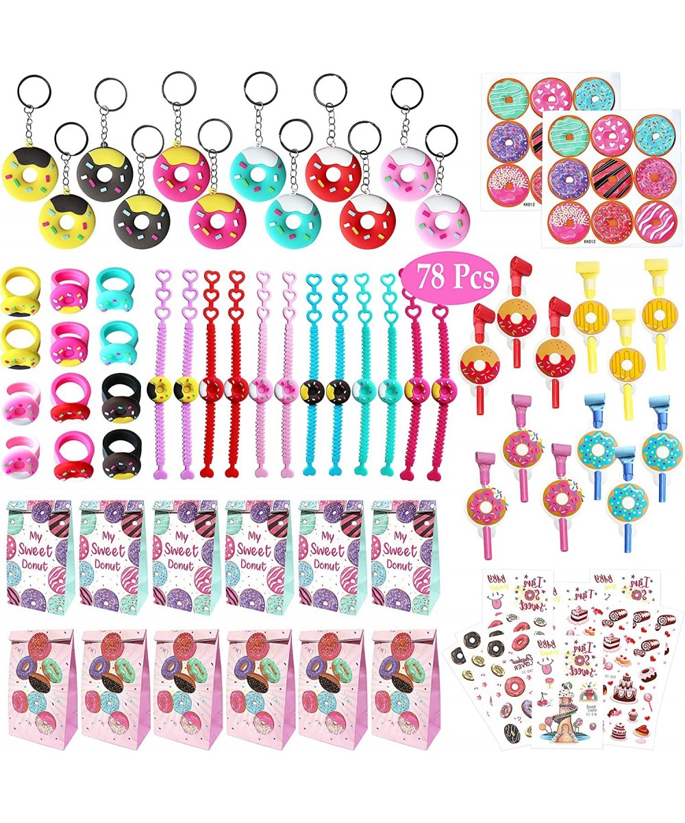 78 Pcs Donut Party Favors - 12 Sets of Donut Party Bags Keychain Blowers Tattoos Bracelet Ring Stickers for Boy Girl Sweet Do...