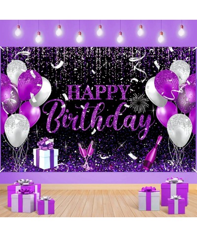 Black Purple and Silver Birthday Decoration Banner Large Happy Birthday Banner for Girls Women Men Purple and Black Birthday ...