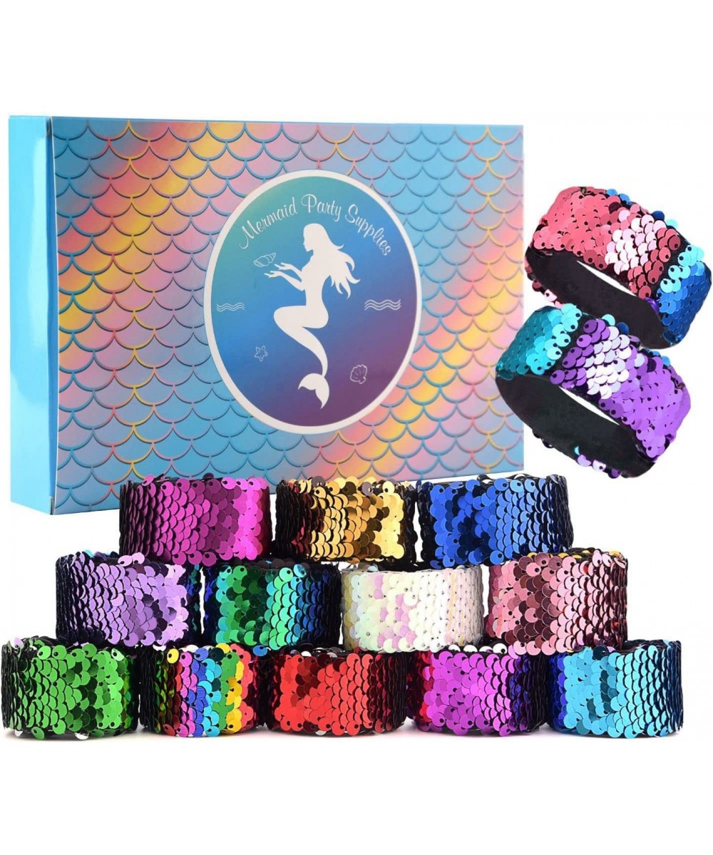 16 Pcs Magic Sequins The Mermaid Bracelets 2-Color Sequin Reversible Glitter Slap Bracelets Charms Wristband for Kids Little ...