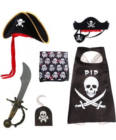 Halloween Pirate Costume for Kids Set 6pcs Pirate Cloak Tricorn Hat Pirate Eye Patch Captain Hook Cutlass Sword Pirate Bandan...