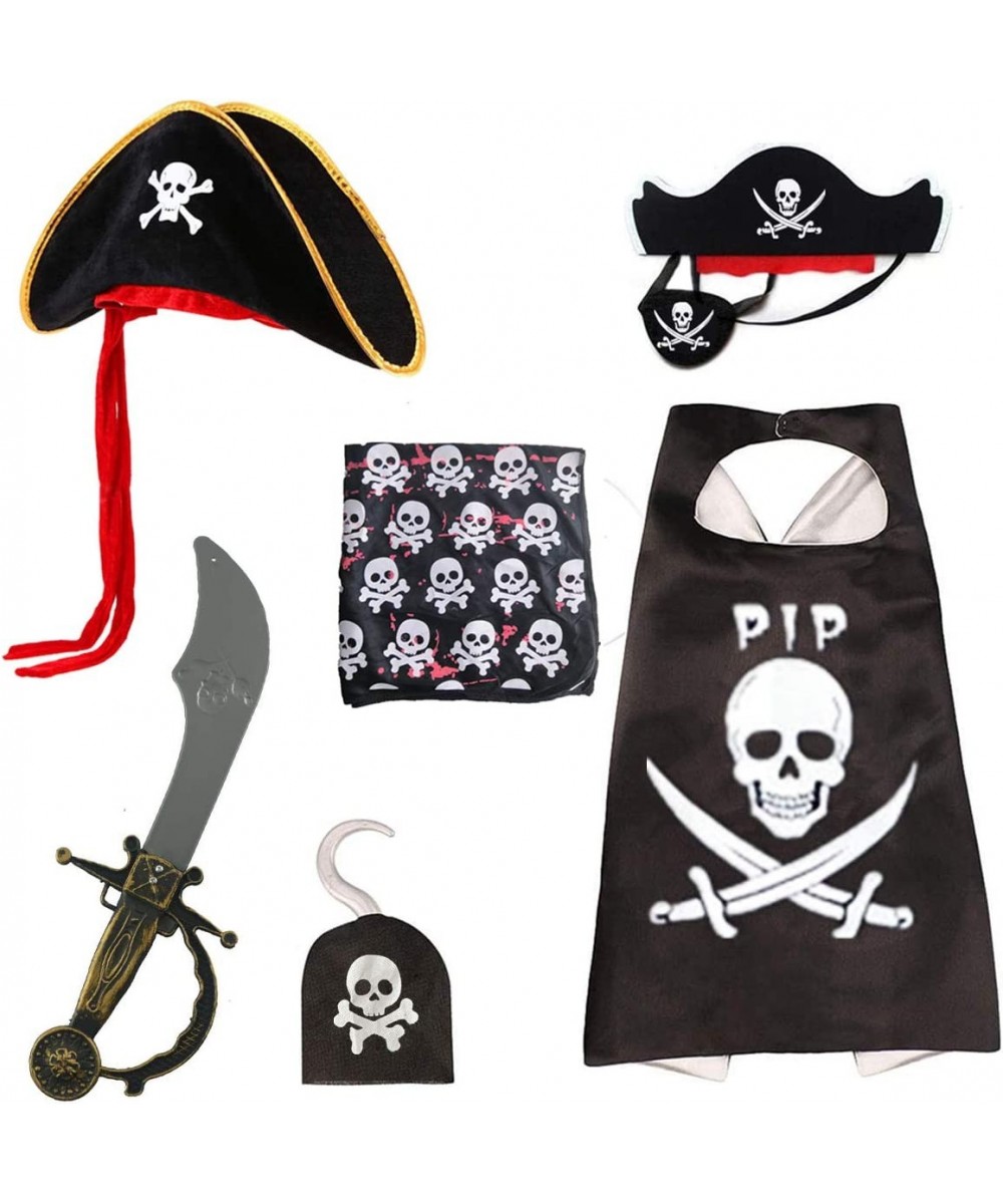 Halloween Pirate Costume for Kids Set 6pcs Pirate Cloak Tricorn Hat Pirate Eye Patch Captain Hook Cutlass Sword Pirate Bandan...