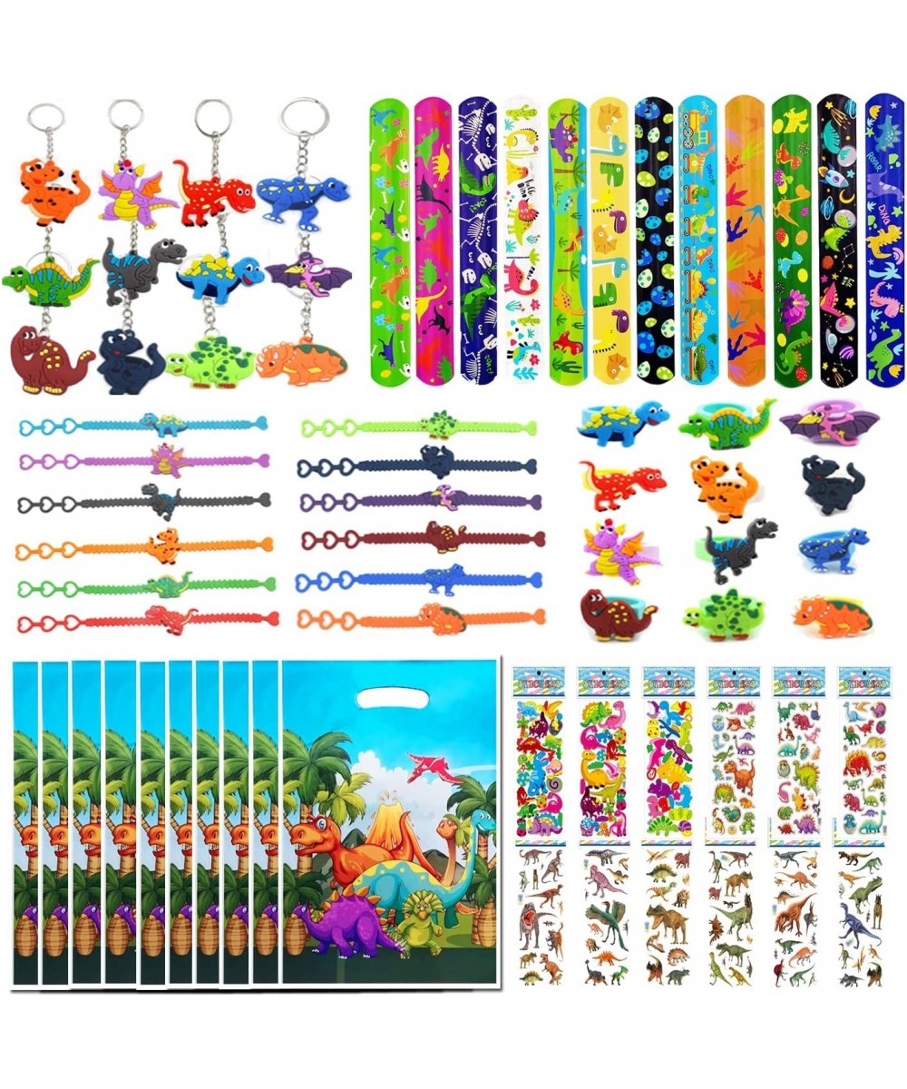 70 PCS Dinosaur Party Favors Carnival Prizes Toys With Slap Bracelets Rings Keychains 3D Puffy Stickers Goodie Bag dinosaur b...