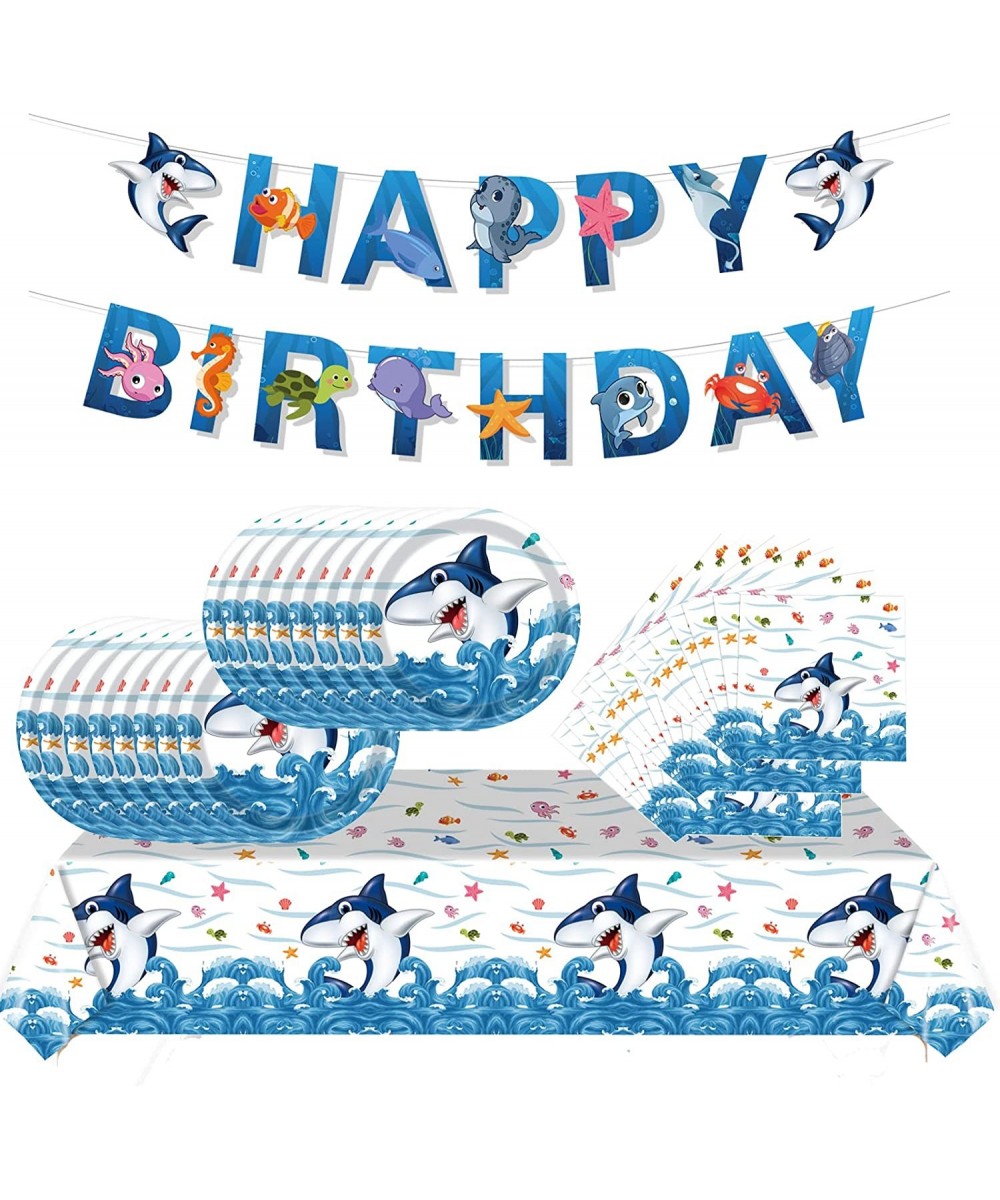 38Pcs Shark Theme Party Supplies Set Blue Ocean Tableware with Happy Birthday Banner Tablecloth Disposable 9'' Paper Plates N...