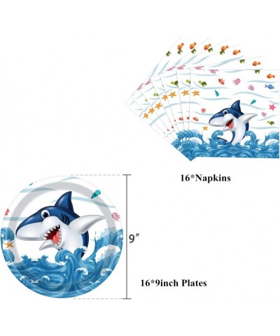 38Pcs Shark Theme Party Supplies Set Blue Ocean Tableware with Happy Birthday Banner Tablecloth Disposable 9'' Paper Plates N...