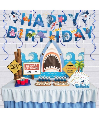 38Pcs Shark Theme Party Supplies Set Blue Ocean Tableware with Happy Birthday Banner Tablecloth Disposable 9'' Paper Plates N...