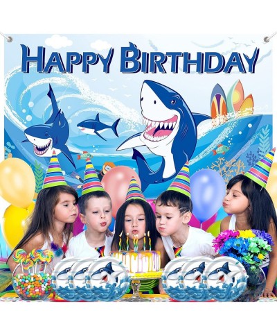 38Pcs Shark Theme Party Supplies Set Blue Ocean Tableware with Happy Birthday Banner Tablecloth Disposable 9'' Paper Plates N...