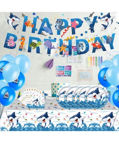 38Pcs Shark Theme Party Supplies Set Blue Ocean Tableware with Happy Birthday Banner Tablecloth Disposable 9'' Paper Plates N...