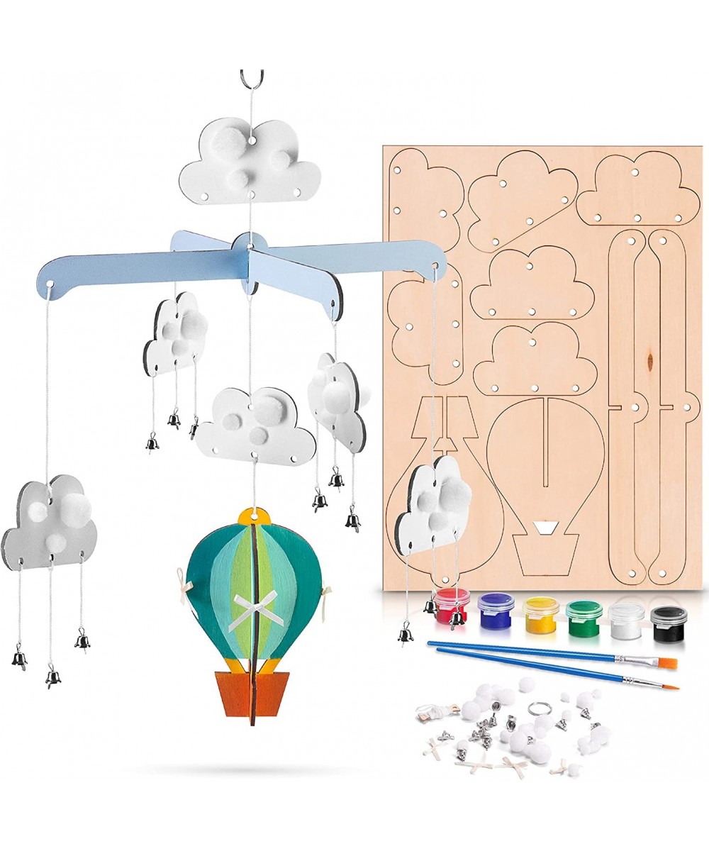 AIR Balloon Wood Kit: Complete Hanging Mobile DIY Art Craft Set with Laser Cut Outs Clouds Bracket Bells Pompoms Thread Bows ...