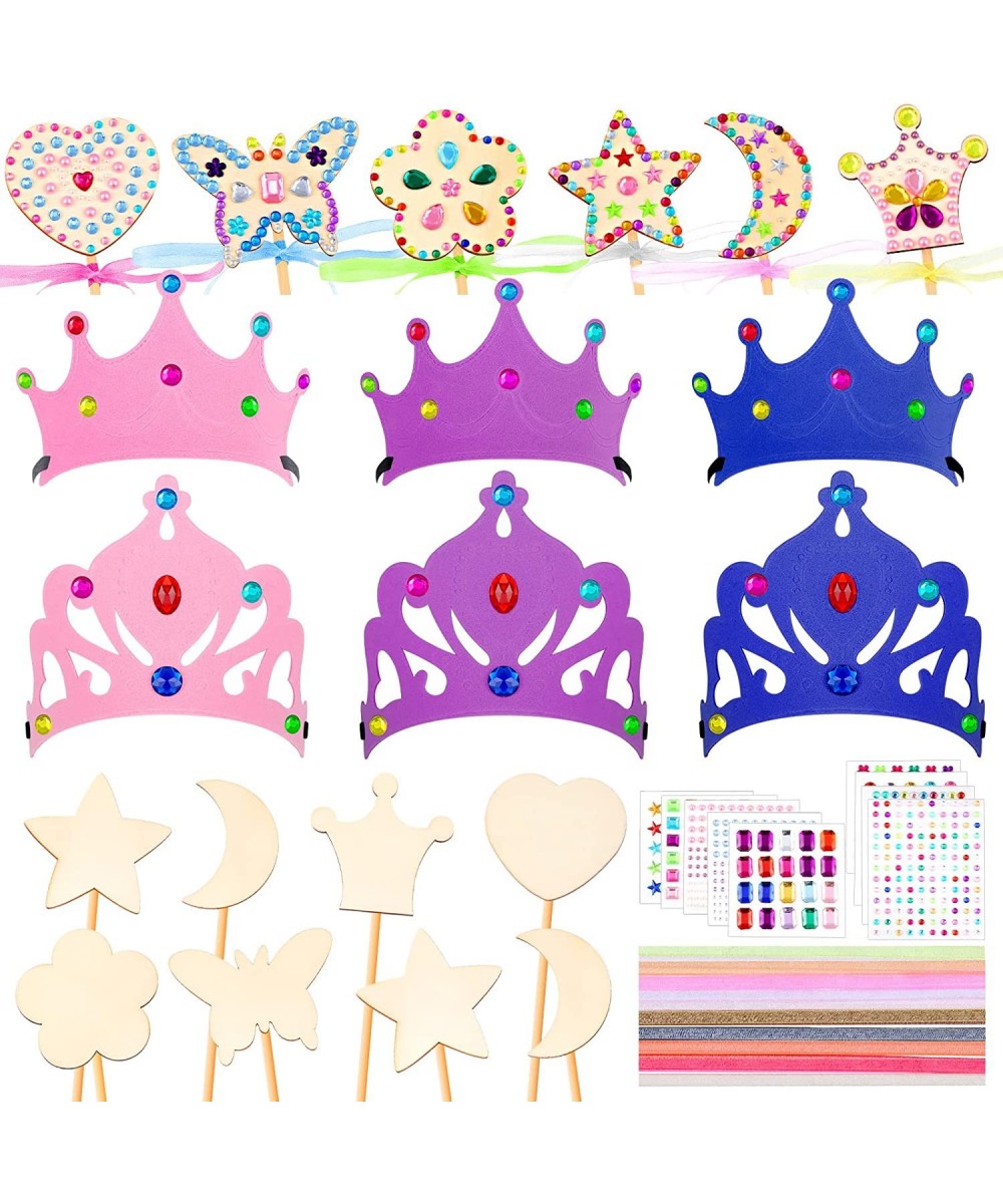 55 Piece Princess Wands Kit Include Wooden Wands for Crafts Gem Stickers Ribbons Foam Princess Tiaras and Wooden Crowns DIY H...