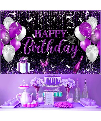 Black Purple and Silver Birthday Decoration Banner Large Happy Birthday Banner for Girls Women Men Purple and Black Birthday ...