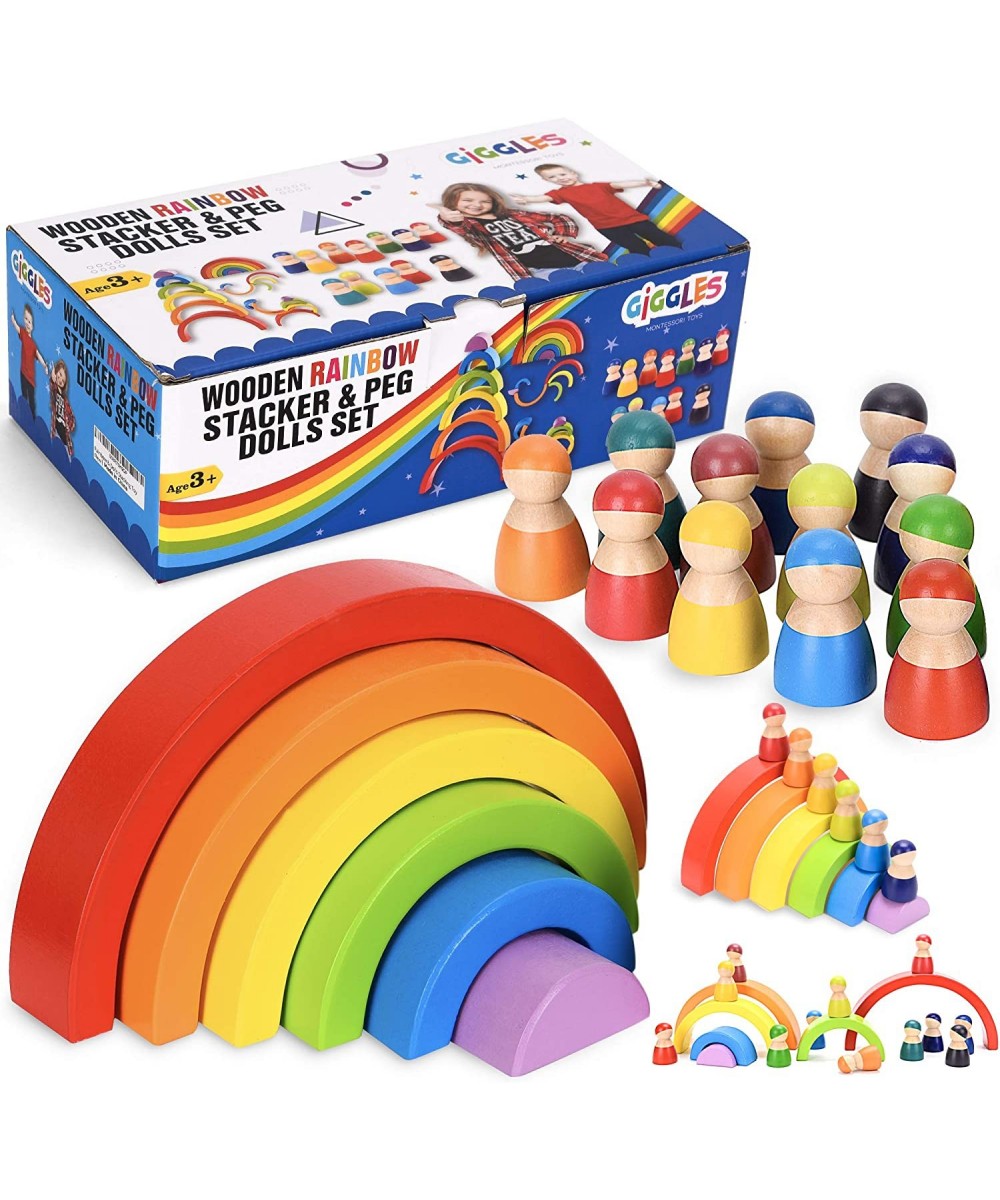 Wooden Rainbow Stacking Toy Playset – 6 Colorful Stacking Blocks & 12 Wooden People Rainbow Baby Toy Rainbow Stacker & Brain ...