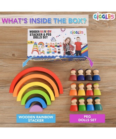 Wooden Rainbow Stacking Toy Playset – 6 Colorful Stacking Blocks & 12 Wooden People Rainbow Baby Toy Rainbow Stacker & Brain ...