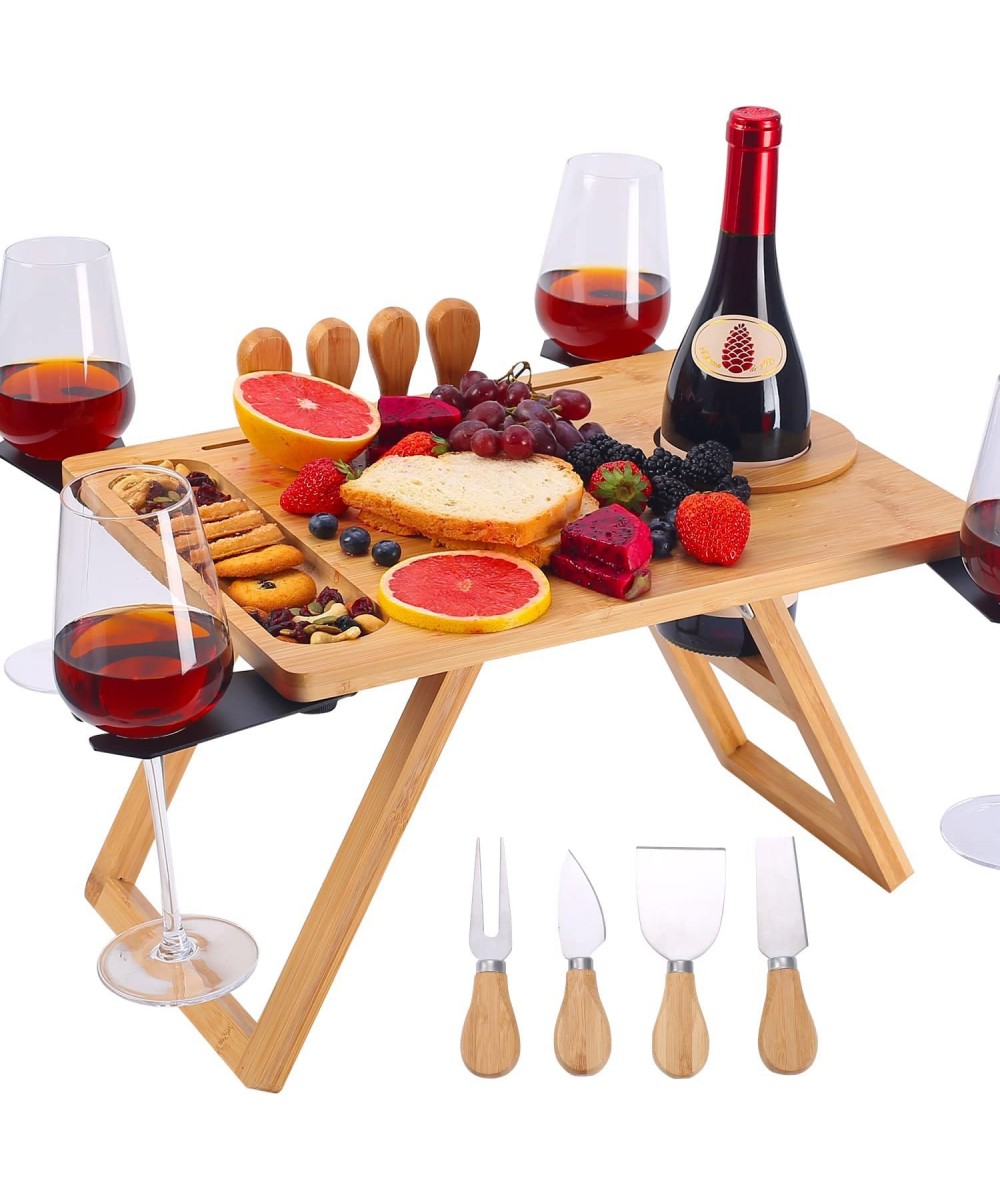 Picnic Table Portable Foldable Wine Table Bamboo Snack Table Beach Table with 4 Cheese Knives and Wine Bottle Glass Holder Ad...