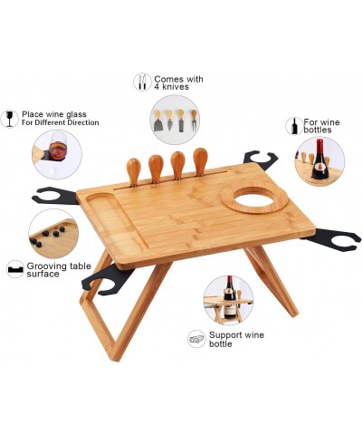 Picnic Table Portable Foldable Wine Table Bamboo Snack Table Beach Table with 4 Cheese Knives and Wine Bottle Glass Holder Ad...