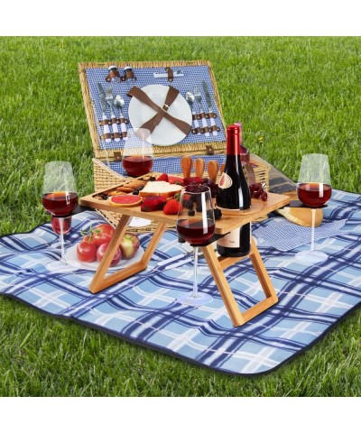 Picnic Table Portable Foldable Wine Table Bamboo Snack Table Beach Table with 4 Cheese Knives and Wine Bottle Glass Holder Ad...