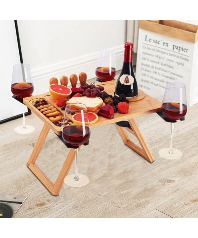 Picnic Table Portable Foldable Wine Table Bamboo Snack Table Beach Table with 4 Cheese Knives and Wine Bottle Glass Holder Ad...