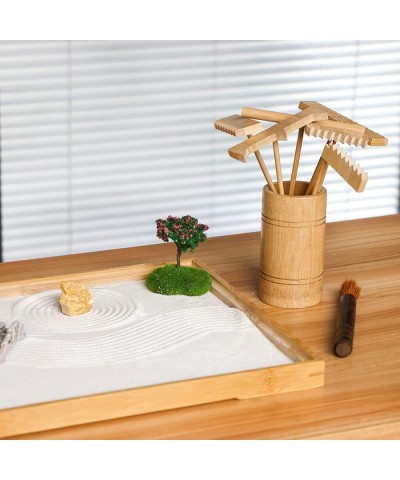 Zen Garden Rake Accessories - Miniature Tabletop Zen Garden Tools w/ Bamboo Rakes Holder Japanese Meditation Rock Sand Garden...