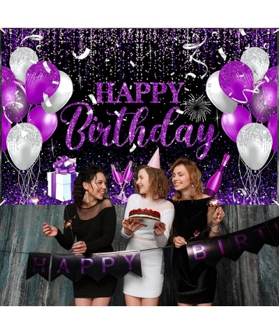 Black Purple and Silver Birthday Decoration Banner Large Happy Birthday Banner for Girls Women Men Purple and Black Birthday ...