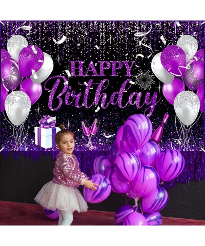 Black Purple and Silver Birthday Decoration Banner Large Happy Birthday Banner for Girls Women Men Purple and Black Birthday ...