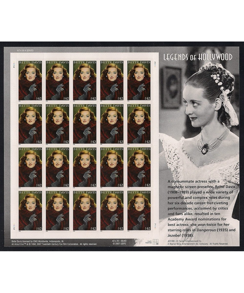 Bette Davis Legends of Hollywood pane of 20 x 42 cent us U.S. Postage Stamps $30.22 Collectibles Display & Storage