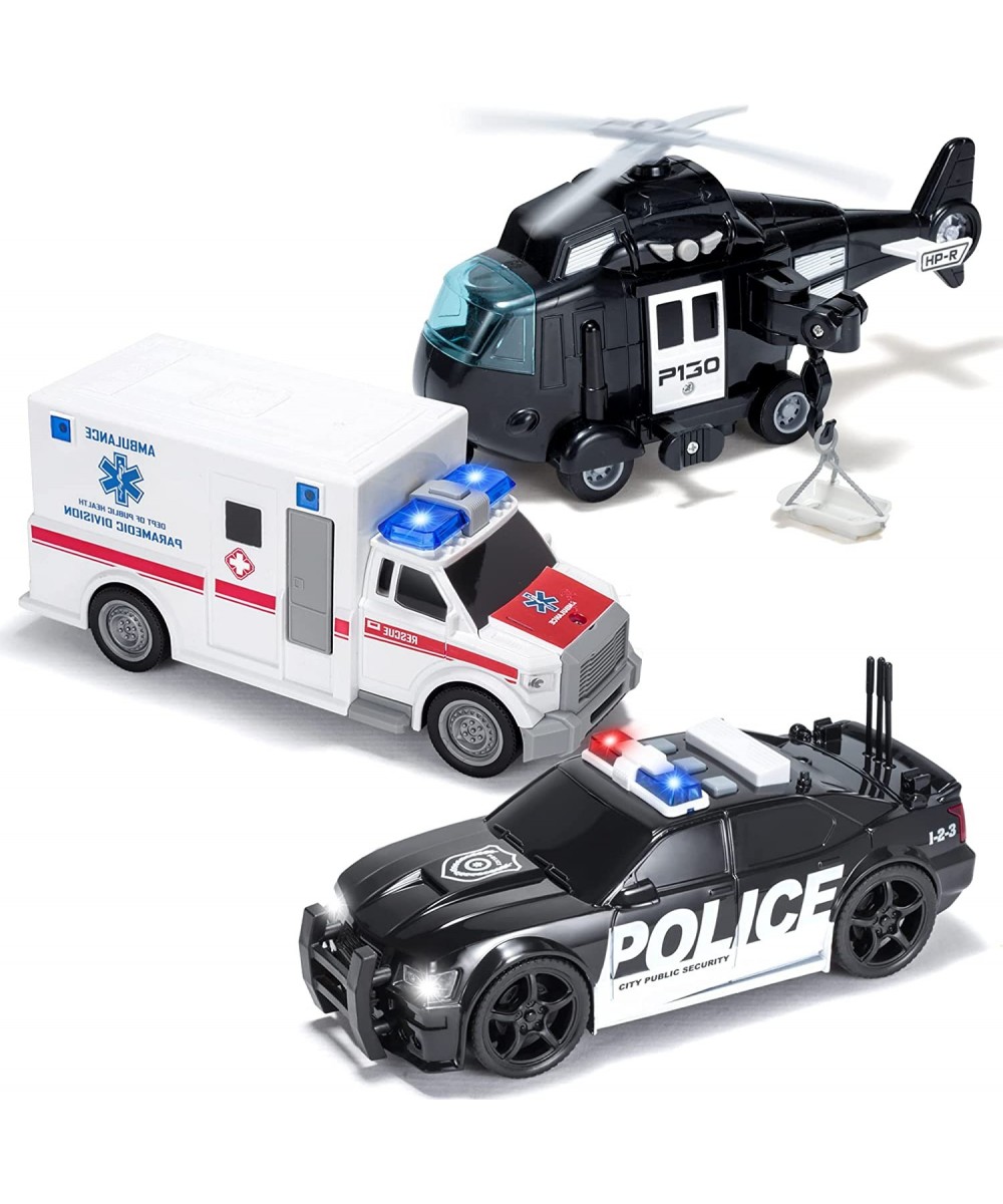 JOYIN 3 Packs Emergency Vehicle Playset Pretend Helicopter Ambulance Truck Police Car Toys Friction Powered Car with Lights a...