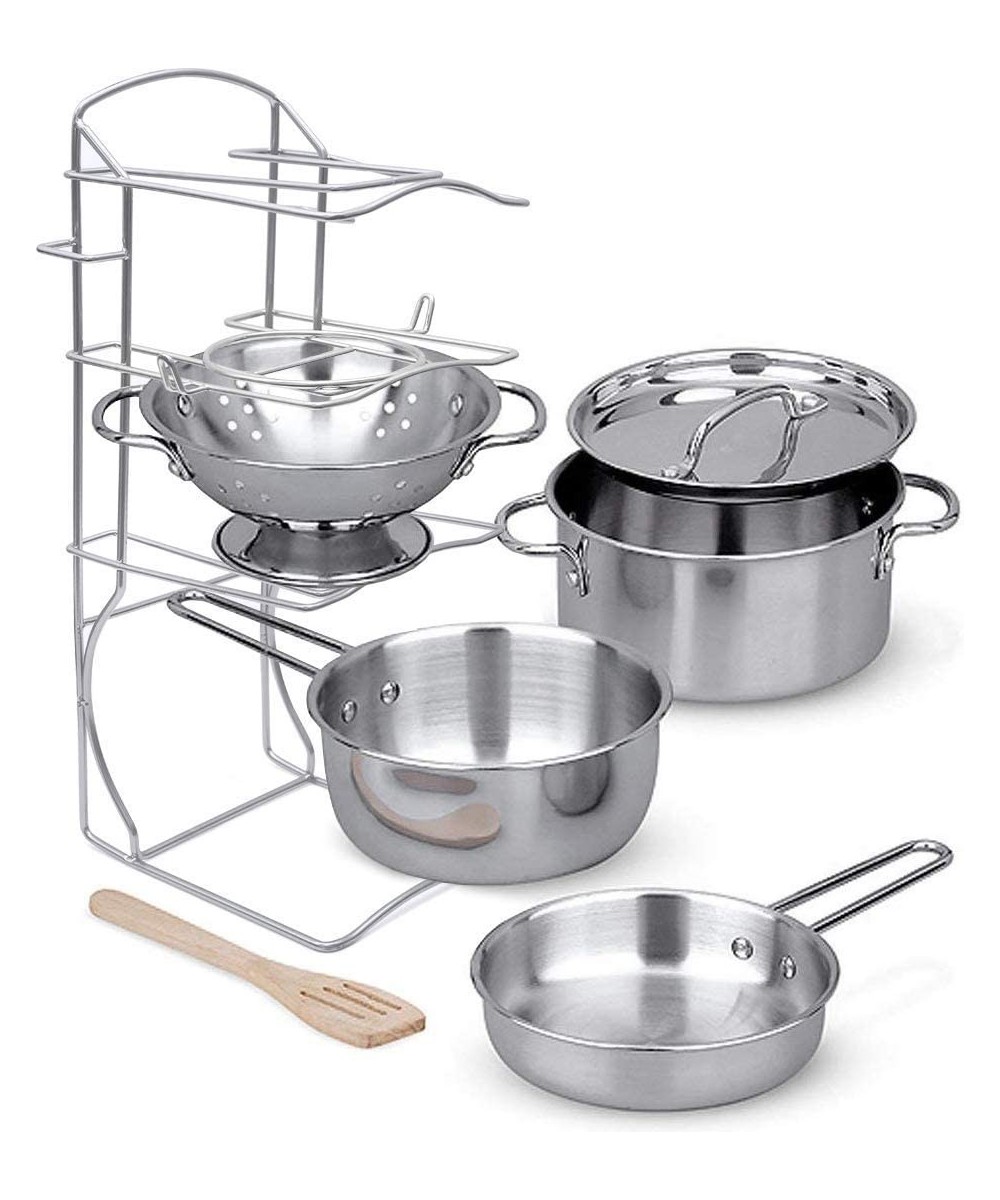 Stainless Steel Toy Cookware Pots and Pans with Pot Rack Organizer and Cooking Utensil Pretend Play Kitchen Set for Kids and ...