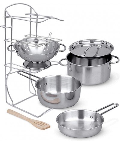 Stainless Steel Toy Cookware Pots and Pans with Pot Rack Organizer and Cooking Utensil Pretend Play Kitchen Set for Kids and ...