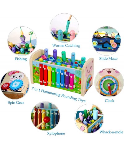 7 in 1 Hammering Pounding Toys Wooden Montessori Early Development Pounding Bench with Fishing Game Musical Xylophone Whack-a...