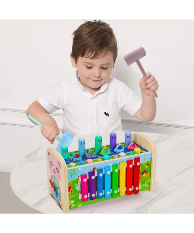 7 in 1 Hammering Pounding Toys Wooden Montessori Early Development Pounding Bench with Fishing Game Musical Xylophone Whack-a...