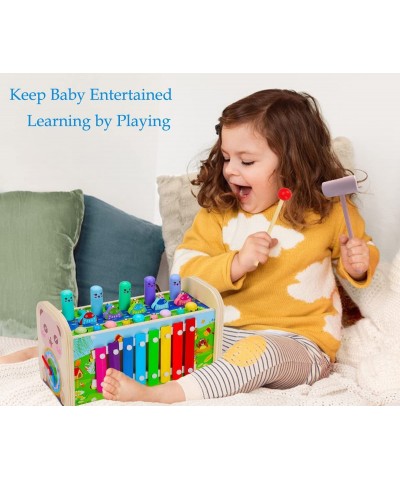 7 in 1 Hammering Pounding Toys Wooden Montessori Early Development Pounding Bench with Fishing Game Musical Xylophone Whack-a...