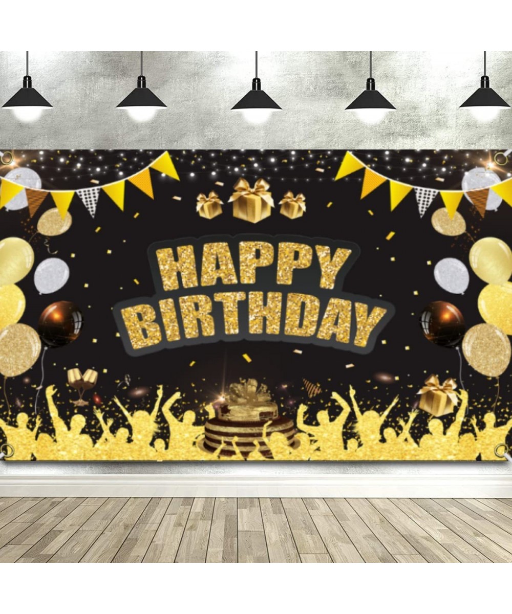 Happy Birthday Backdrop Banner Black and Gold Birthday Party Decorations for Women Men Large Glitter Birthday Backdrop Sign P...