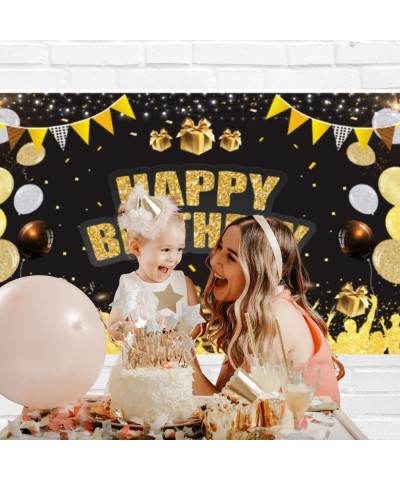 Happy Birthday Backdrop Banner Black and Gold Birthday Party Decorations for Women Men Large Glitter Birthday Backdrop Sign P...