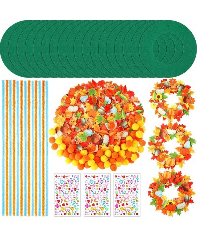 18 Kits Fall Crafts for Kids DIY Fall Wreath Craft Kit Includes Thanksgiving Felt Wreath Sticker Fluffy Poms Balls Rhinestone...