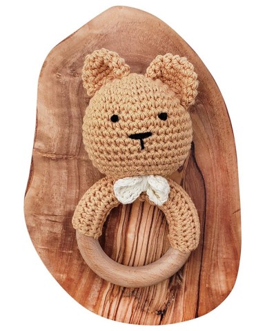 Natural Crochet Teddy Bear Teether Baby Toy Rattle Forest Friends Amigurumi on Natural Wooden Teething Ring Rattle New Born P...