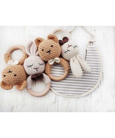 Natural Crochet Teddy Bear Teether Baby Toy Rattle Forest Friends Amigurumi on Natural Wooden Teething Ring Rattle New Born P...