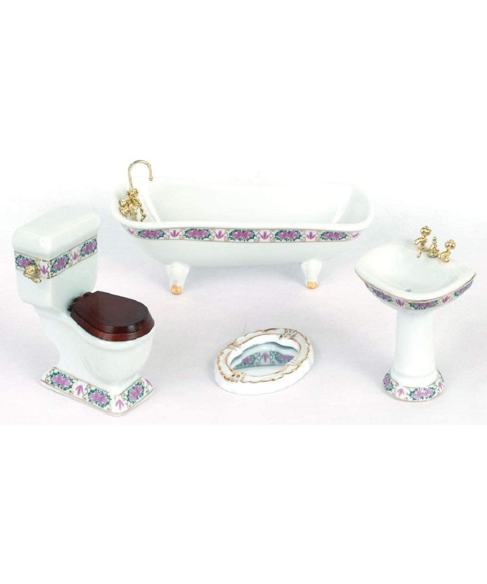 Dollhouse White Bathroom Suite with Gold Pink Edging Porcelain Furniture Set $52.52 Dollhouse Accessories