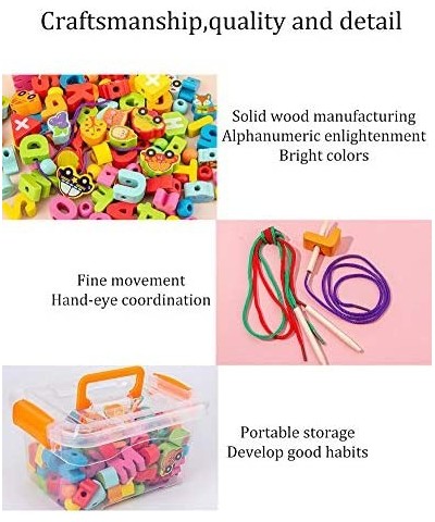 100pc Wooden Toddler Crafts Lacing String Beads Preschool Activities Montessori Toys with Storage Box for Boys & Girls 3+ Yea...