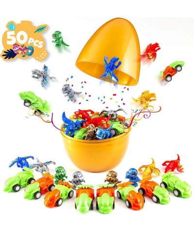 KIDPAR Jumbo Egg Toy Set Plastic Prefilled with 10 Pull-Back Vehicles & 40 Dinosaur Toys for Kids Toddlers Boys Basket Stuffe...