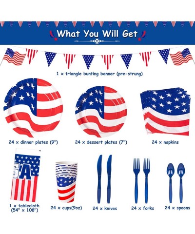 American Flag Party Supplies Serves 24 Patriotic Party Decorations Plates and Napkins Tablecloth Banner Utensil Total 171 PCS...