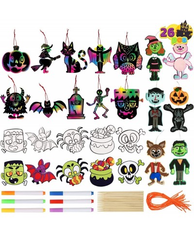 26 Packs Halloween Art and Craft Kit with10 Rainbow Scratch Card Ornaments 10 Fridge Magnets and 6 Foam Characters DIY Craft ...