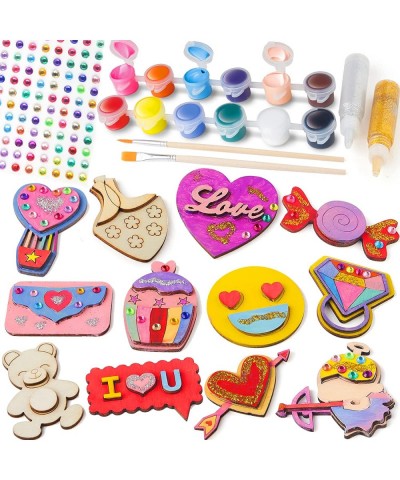 Valentines Day Craft Art for Kids - 12 PCS Wooden Magnet Creativity DIY Painting Kit with Gem Stickers Valentine Party Decora...