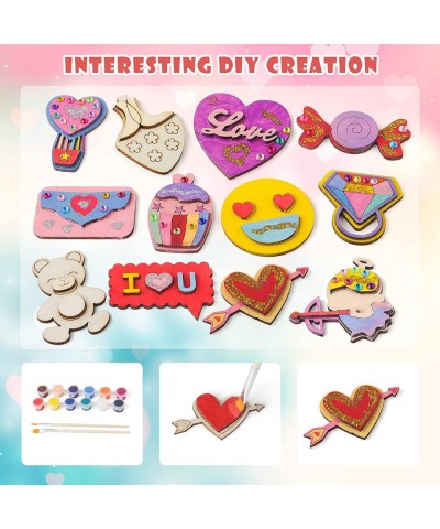 Valentines Day Craft Art for Kids - 12 PCS Wooden Magnet Creativity DIY Painting Kit with Gem Stickers Valentine Party Decora...