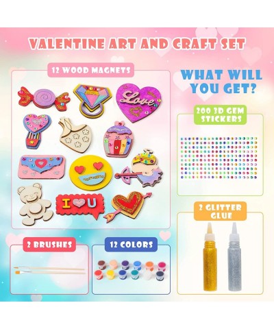 Valentines Day Craft Art for Kids - 12 PCS Wooden Magnet Creativity DIY Painting Kit with Gem Stickers Valentine Party Decora...