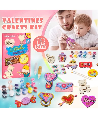 Valentines Day Craft Art for Kids - 12 PCS Wooden Magnet Creativity DIY Painting Kit with Gem Stickers Valentine Party Decora...