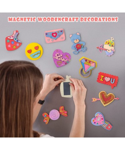 Valentines Day Craft Art for Kids - 12 PCS Wooden Magnet Creativity DIY Painting Kit with Gem Stickers Valentine Party Decora...