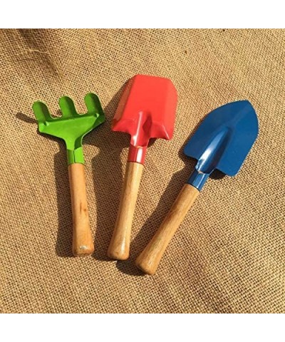 Garden Tools 3-Piece Set Metal Kiddie Trowel Rake & Shovel with Sturdy Wooden Handle Children Beach Sandbox Toy Safe Mini Gar...