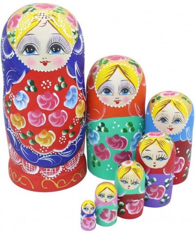 Set of 7 Pieces Beautiful Lovely Wood Red Flower Girl with Blue Scarf Traditonal Russian Nesting Dolls Matryoshka Wishing Dol...