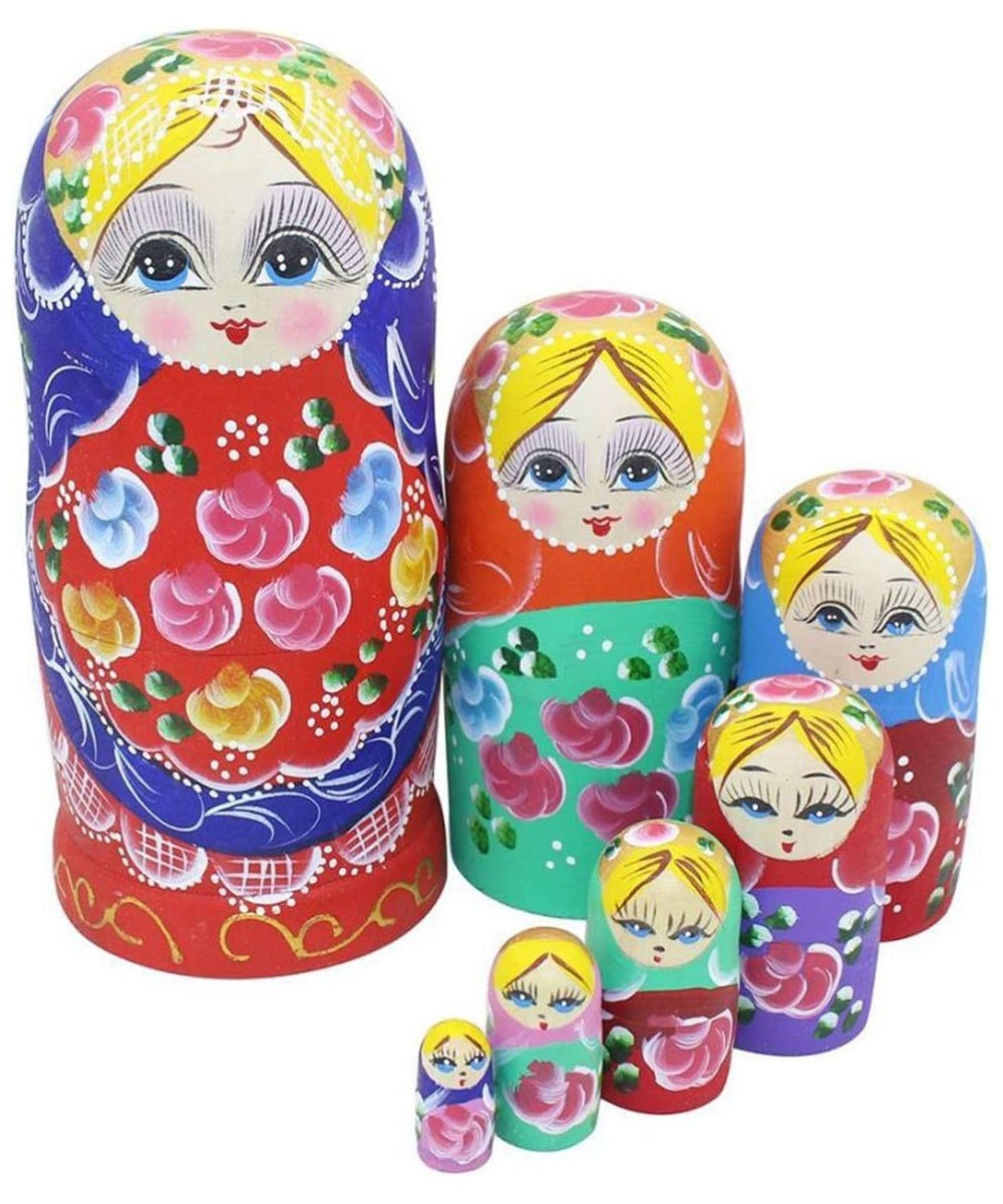 Set of 7 Pieces Beautiful Lovely Wood Red Flower Girl with Blue Scarf Traditonal Russian Nesting Dolls Matryoshka Wishing Dol...