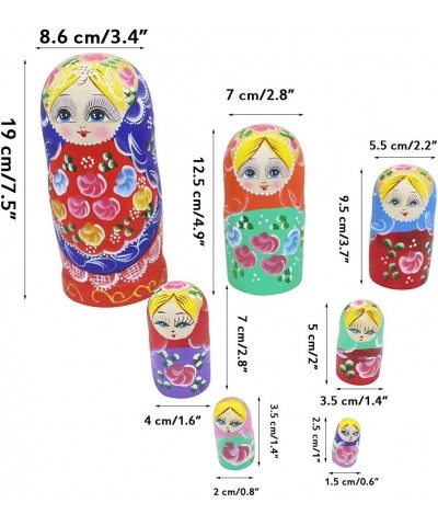 Set of 7 Pieces Beautiful Lovely Wood Red Flower Girl with Blue Scarf Traditonal Russian Nesting Dolls Matryoshka Wishing Dol...