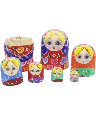 Set of 7 Pieces Beautiful Lovely Wood Red Flower Girl with Blue Scarf Traditonal Russian Nesting Dolls Matryoshka Wishing Dol...